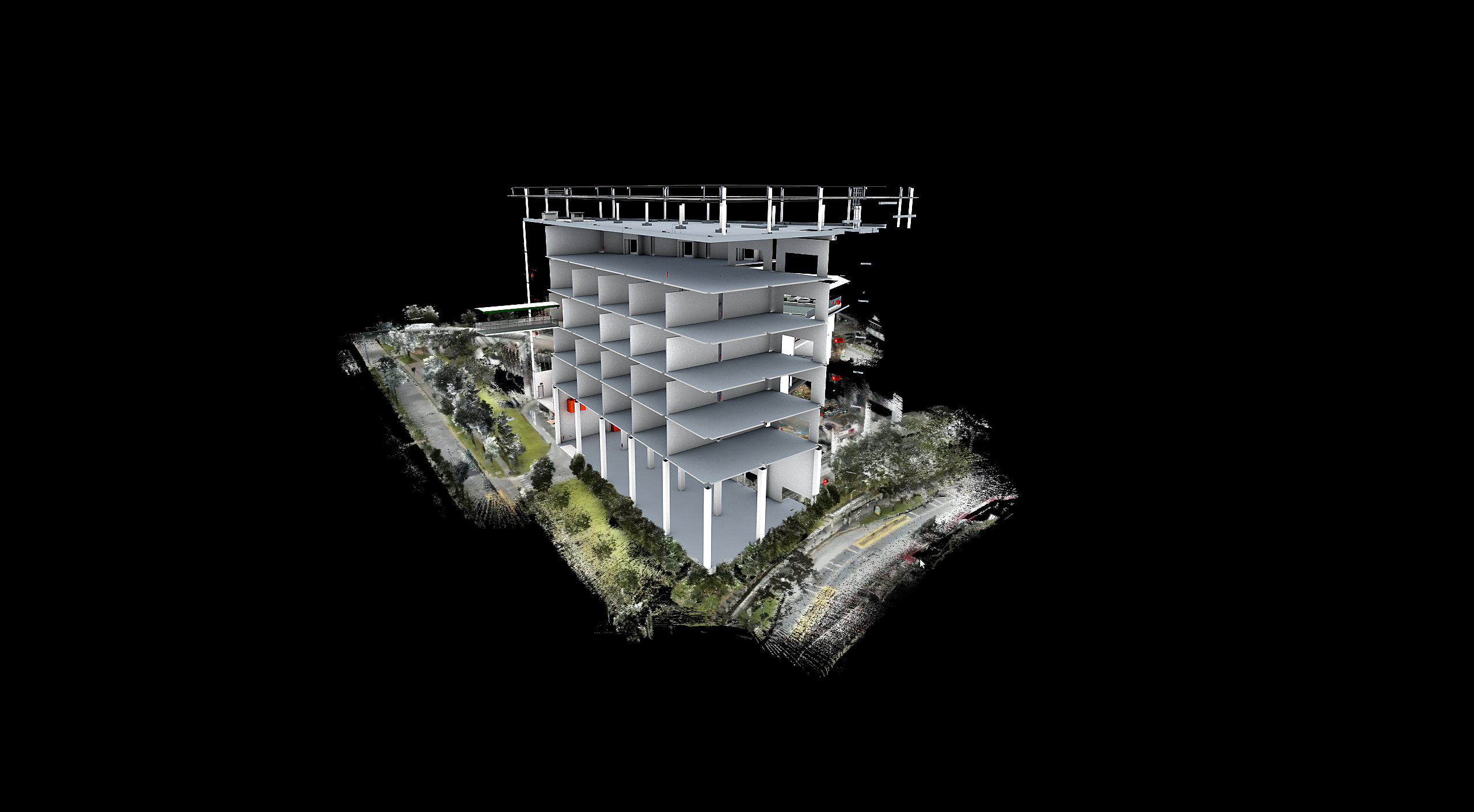 Point cloud rendering of a gray, partially-constructed building on a green, tree-filled landscape.