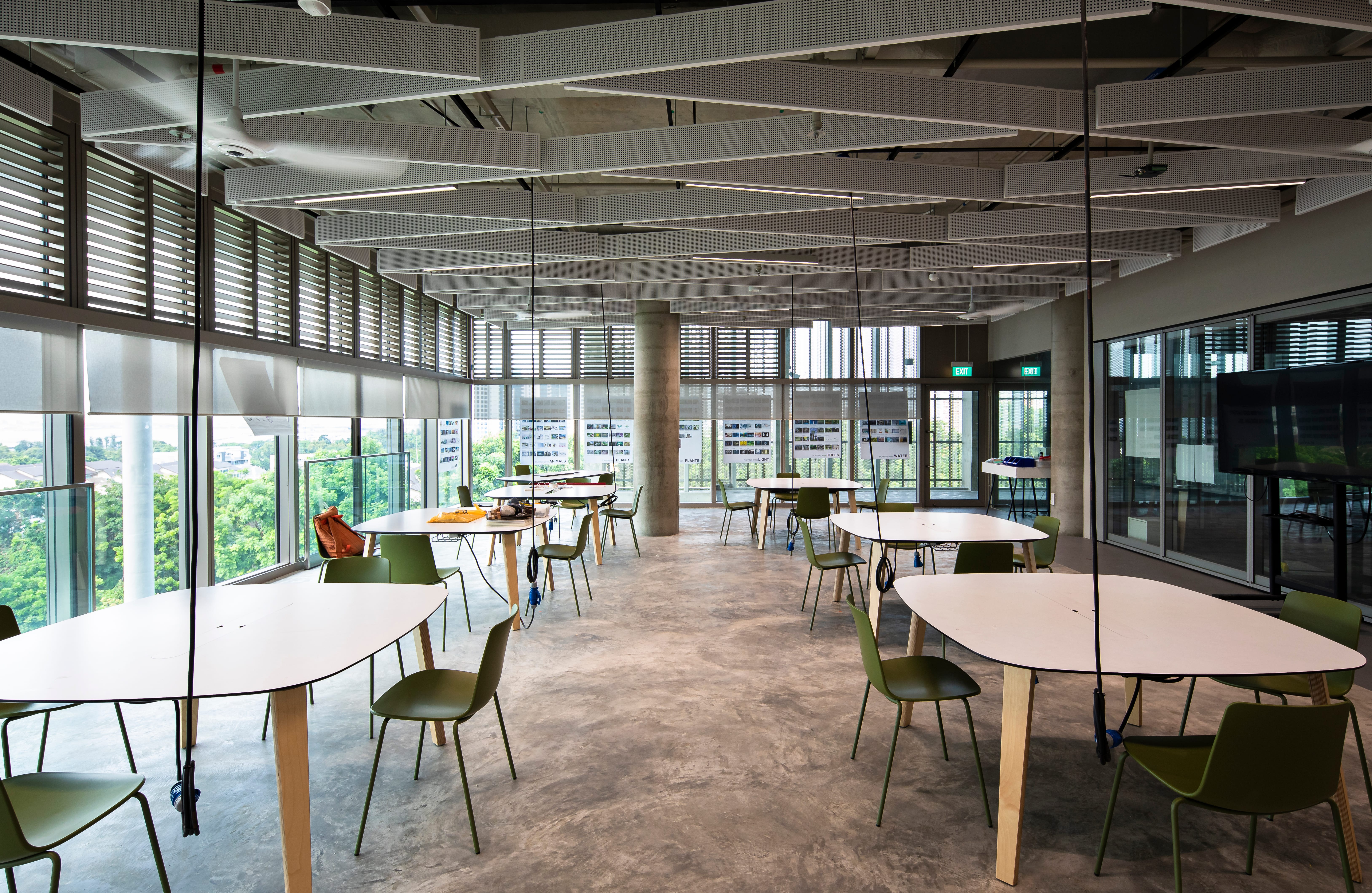 Bright modern classroom with white tables, green chairs, and slatted blinds on large windows.