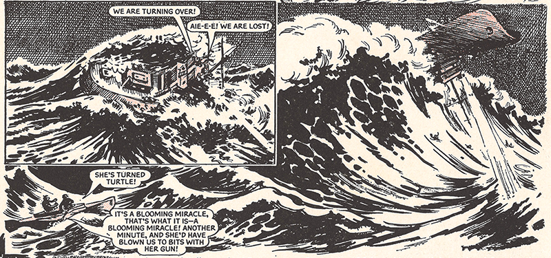 A miraculous wave saves the men after they are spotted by a Japanese warship. Image reproduced from The Victor Book for Boys: The Commandos at Singapore, p. 14.