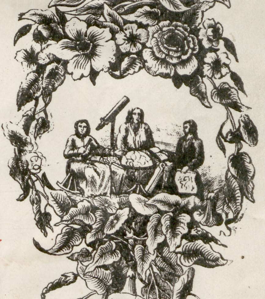 This scene in the right hand border representing the sciences and exploration shows scholars engaged in serious study, surrounded by instruments representing the scientific knowledge and navigational technologies of the time, such as a sextant, a telescope, a globe, a book and a chart.