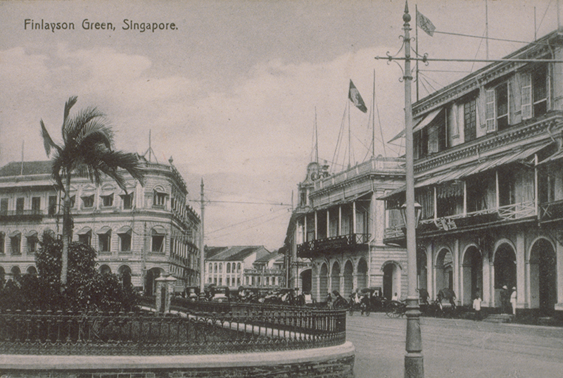 Finlayson Green, c. 1905. The Straits Times office, which moved from its fist location at No. 7 Commercial Square, is on the extreme left on Cecil Street. The other two buildings are the two-storeyed offices of KPM (Koninklijke Paketvaart Maatschappij) and the three-storey headquarters of Behn Meyer. Courtesy of National Archives of Singapore (Media - Image no. 19980005106 - 0053).