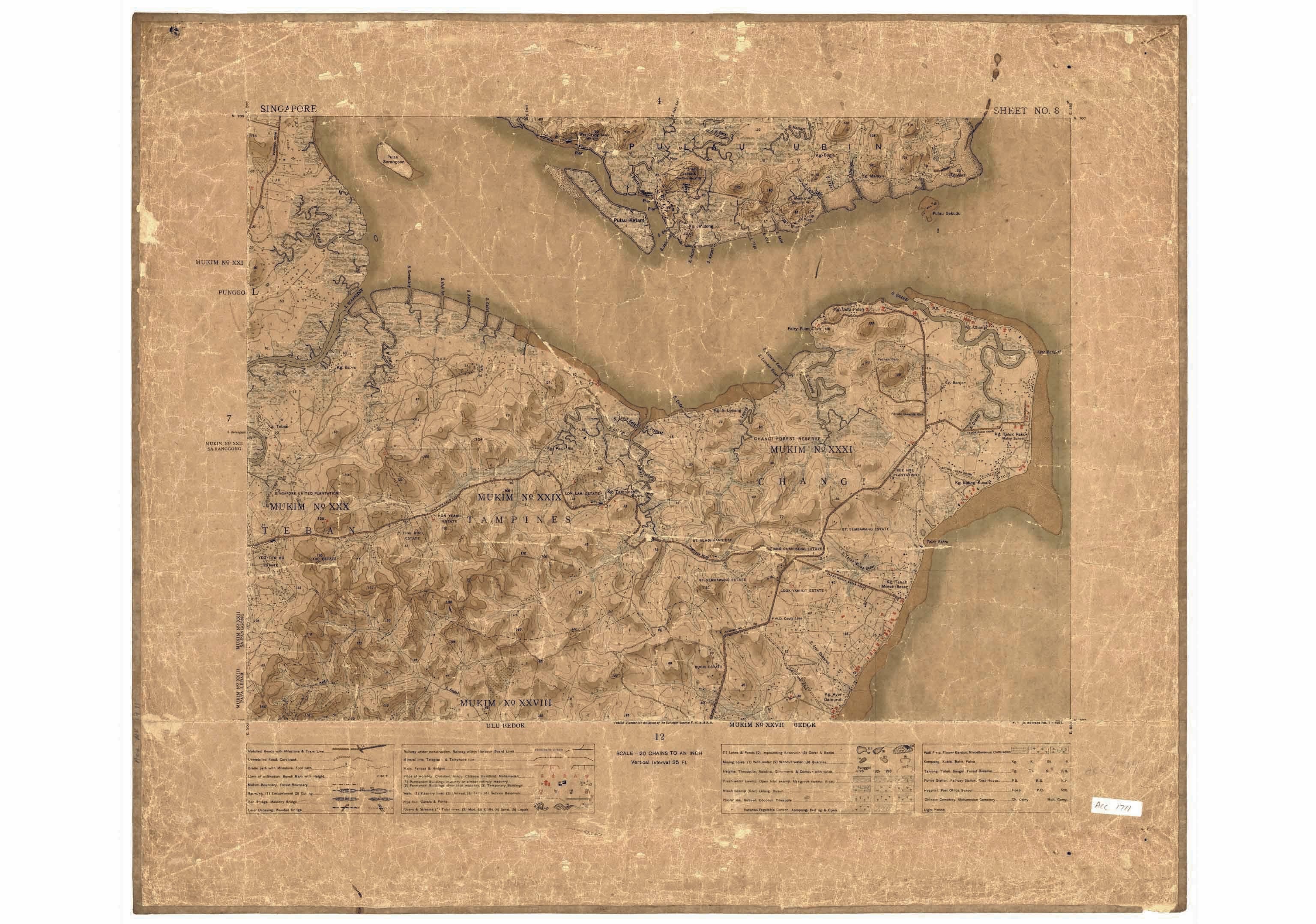 A segment of the 16-part 1924 topograhic map of Singapore island, covering the Tampines, Changi and Punggol regions. Survey Department courtesy of National Archives of Singapore.