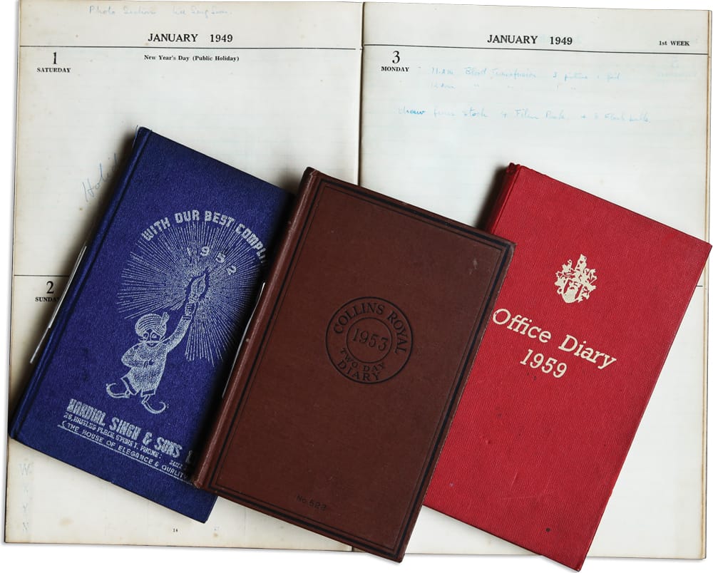 Office diaries recording assignments taken by the Photo Unit – including the page with the very first entry on 3 January 1949. Courtesy of Ministry of Communications and Information.