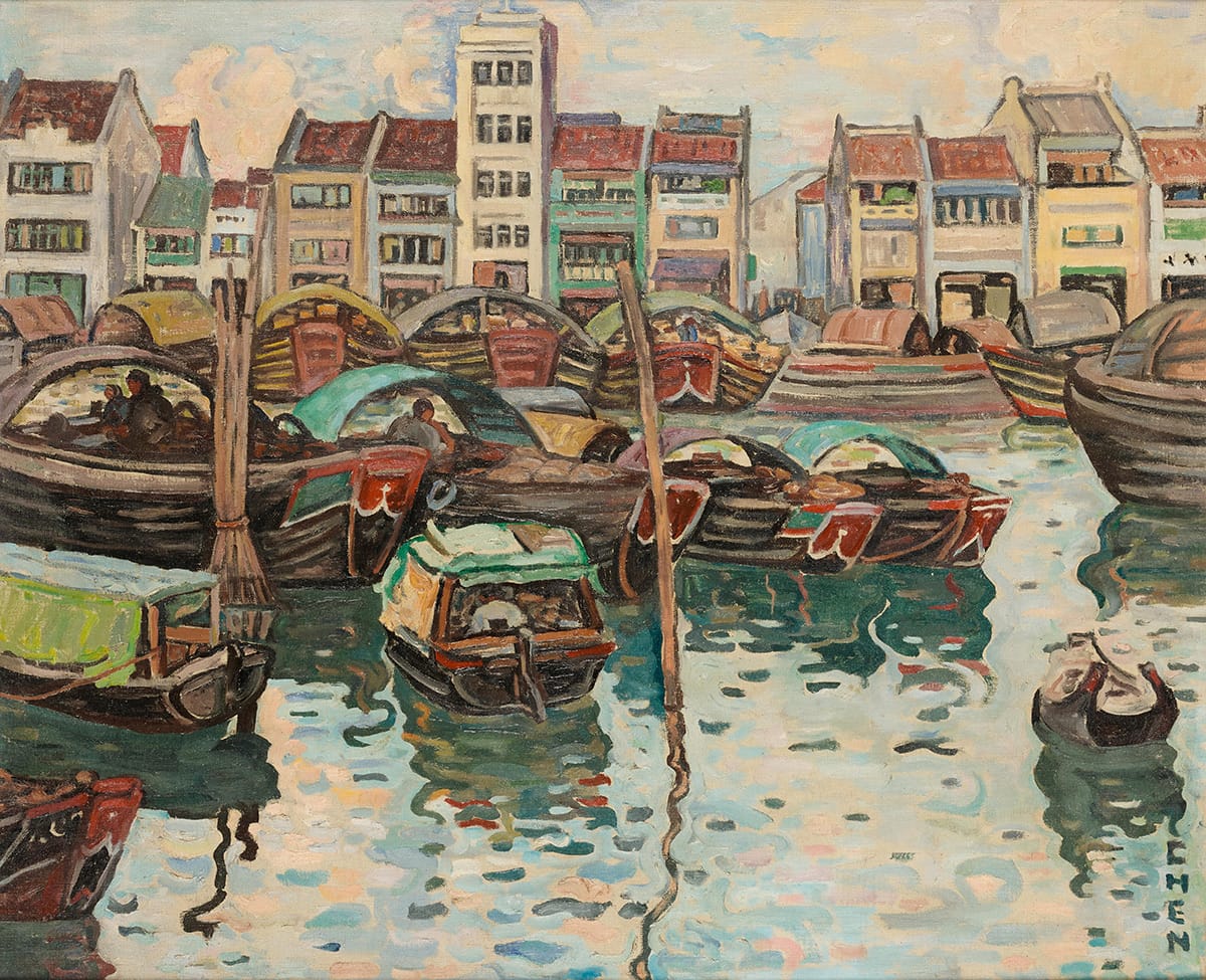 Georgette Chen, "Singapore Waterfront", c. 1958. Oil on canvas, 59 × 72 cm. Collection of the National Museum of Singapore, National Heritage Board. © Estate of Georgette Chen.