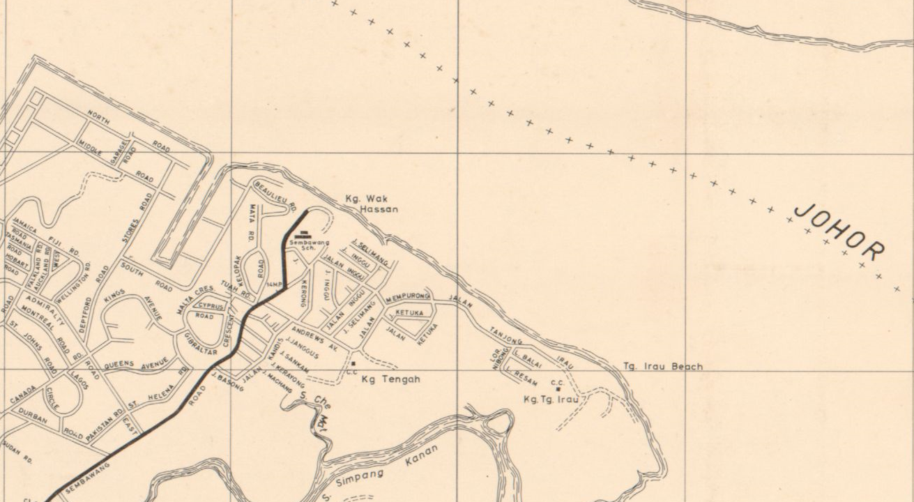 这张1973年的地图显示位于新加坡北部，面向柔佛海峡的甘榜瓦哈山。Singapore Land Authority Collection, courtesy of National Archives of Singapore.