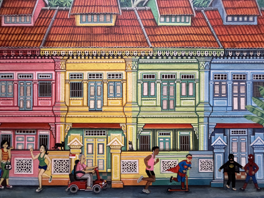 The mural with the row of colourful Koon Seng Road shophouses, 2023. Photo by Thammika Songkaeo.