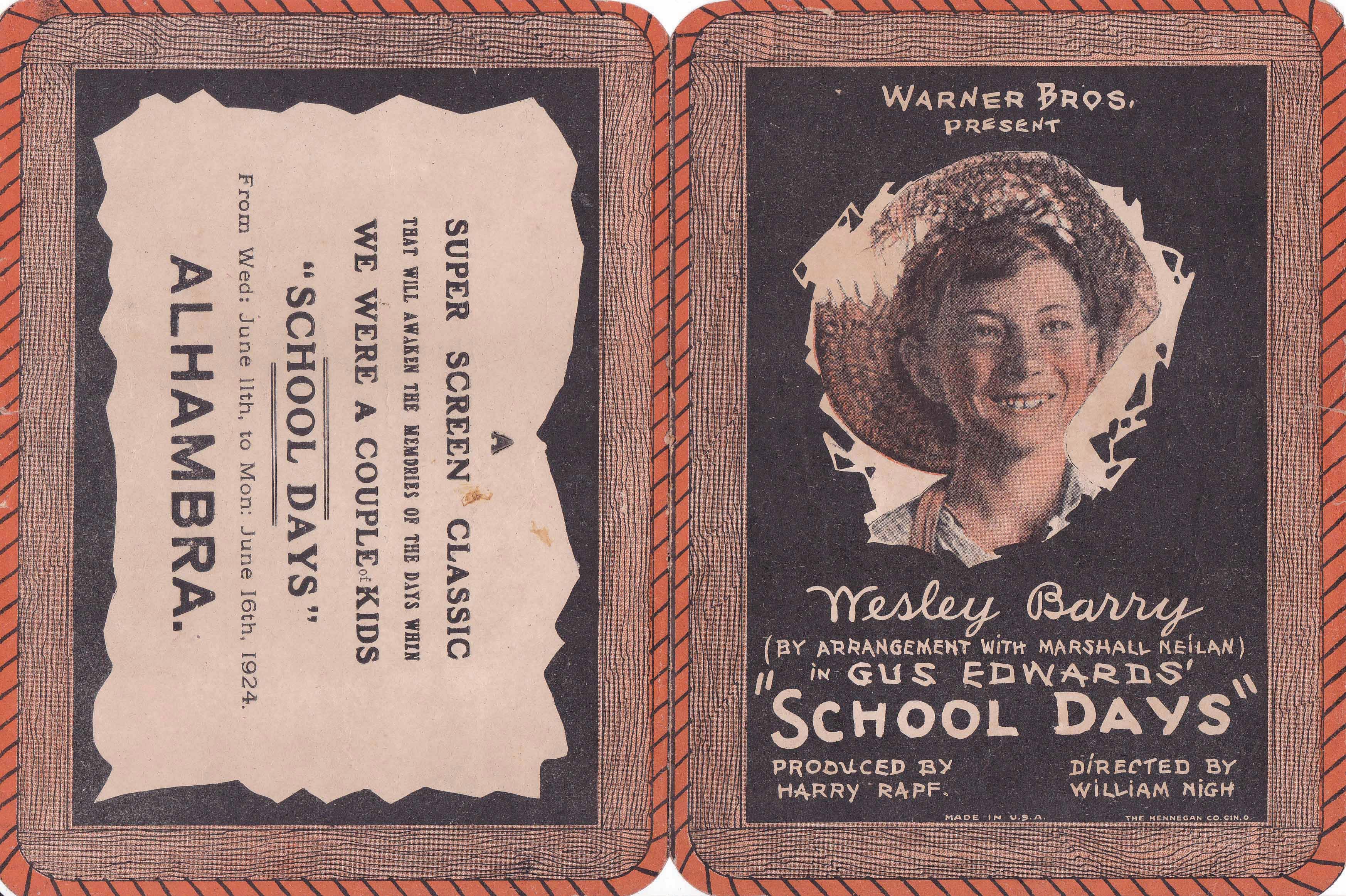 A leaflet advertising the screening of Warner Bros' film, School Days, screening at Alhambra cinema in 1924. Courtesy of Wong Han Min.