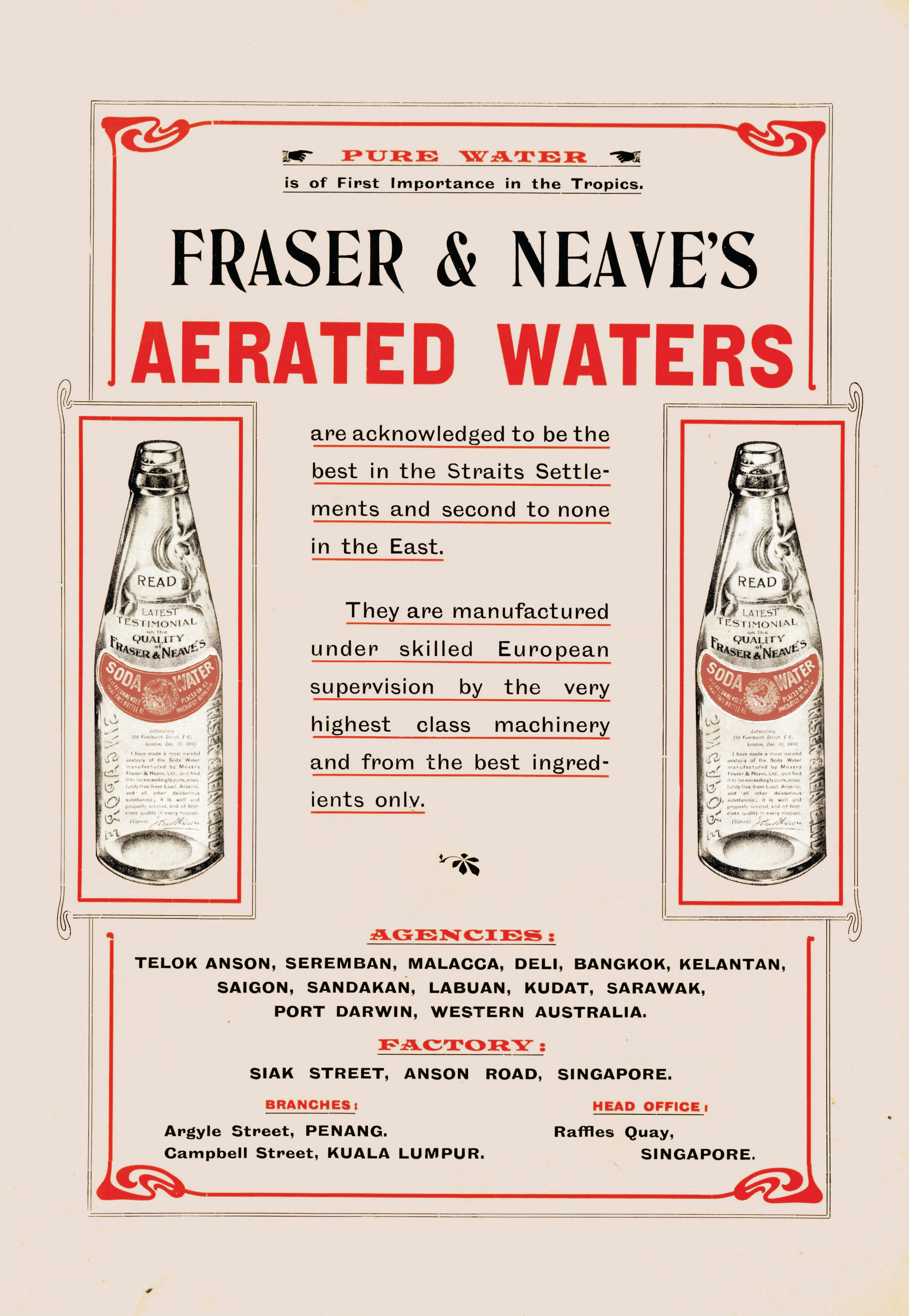 An early advertisement by Fraser & Neave, founded by two Scotsmen, John Fraser and David C. Neave in 1883. Straits & F.M.S. Annual 1907–8. Collection of the National Library, Singapore. (Accession no: B03014243F).