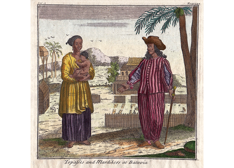 A Mardijker couple in Batavia. Mardijkers were the descendants of freed slaves of the Portuguese in India, Africa and the Malay Peninsula. They spoke a Portuguese-based creole. Courtesy of Ian Burnet.