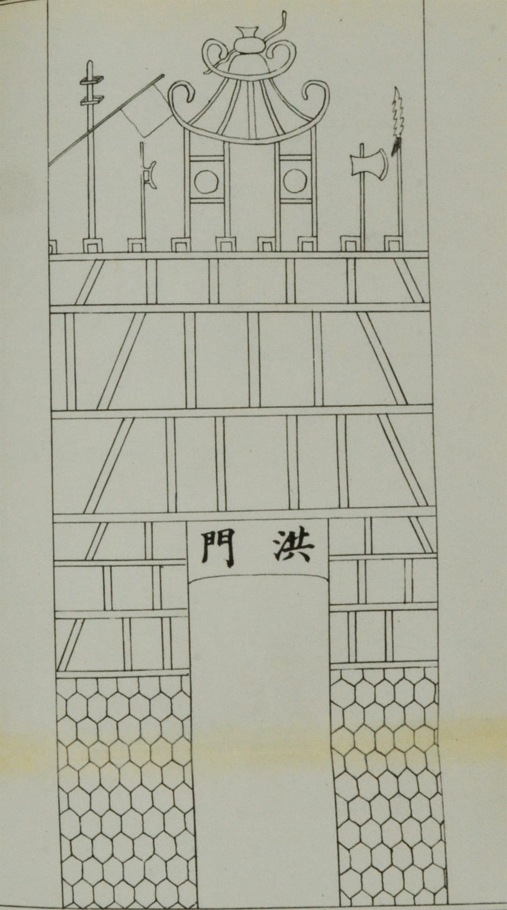 This illustration is taken from another seminal 19th-century work on secret societies in Indonesia. In his book written in English and published in 1866, Gustave Schlegel, an interpreter with the Dutch colonial government in Batavia, drew similarities between the Freemasons of Europe and the Chinese secret society Tiandihui through the use of their symbols and rituals. In this diagram from Tab. IV of the book, the Hung Gate (洪门; Hongmen) is the first of three symbolic gates that the initiate must pass through during the member initiation ceremony, in which initiates are introduced to the origins of the Tiandihui, its leaders and members as well as its rules and oaths. All rights reserved, Schlegel, G. (1866). Thian Ti Hwui: The Hung-League or Heaven-Earth-League, a Secret Society with the Chinese in China and India. Batavia: Lange & Co. Collection of the National Library, Singapore, Accession no.: B29259841G.