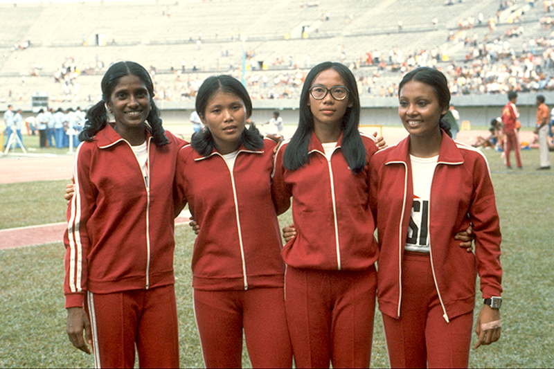 From left: Glory Barnabas, Eng Chiew Guay, Gan Bee Wah and Sheila Fernando won the 4 × 100 m, 1973. Ministry of Information and the Arts Collection, courtesy of National Archives of Singapore.