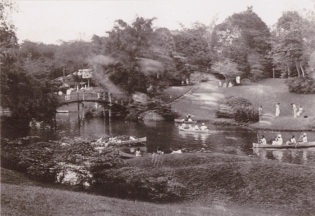 People are boating on a river in a park with a small bridge, surrounded by trees and grassy areas.