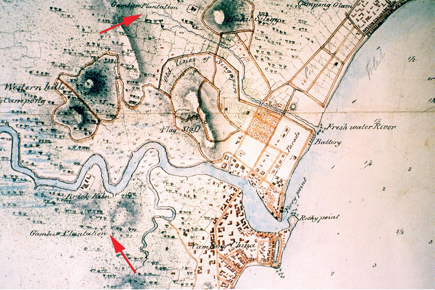 Historic map featuring plantations, rivers, and detailed areas labeled with names and red arrows pointing to marked locations.