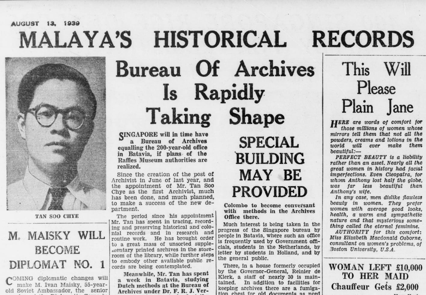 Tan Soo Chye, the first archivist appointed by the Straits Settlements government in 1938 to manage the historical records at the archives office at the Raffles Museum and Library. Image reproduced from The Straits Times, 13 August 1939, p. 13.