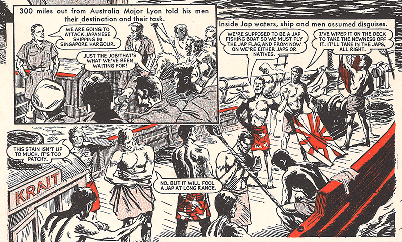 In the comic, the men are depicted shirtless and wearing only a sarong. Image reproduced from The Victor Book for Boys: The Commandos at Singapore, p. 6.