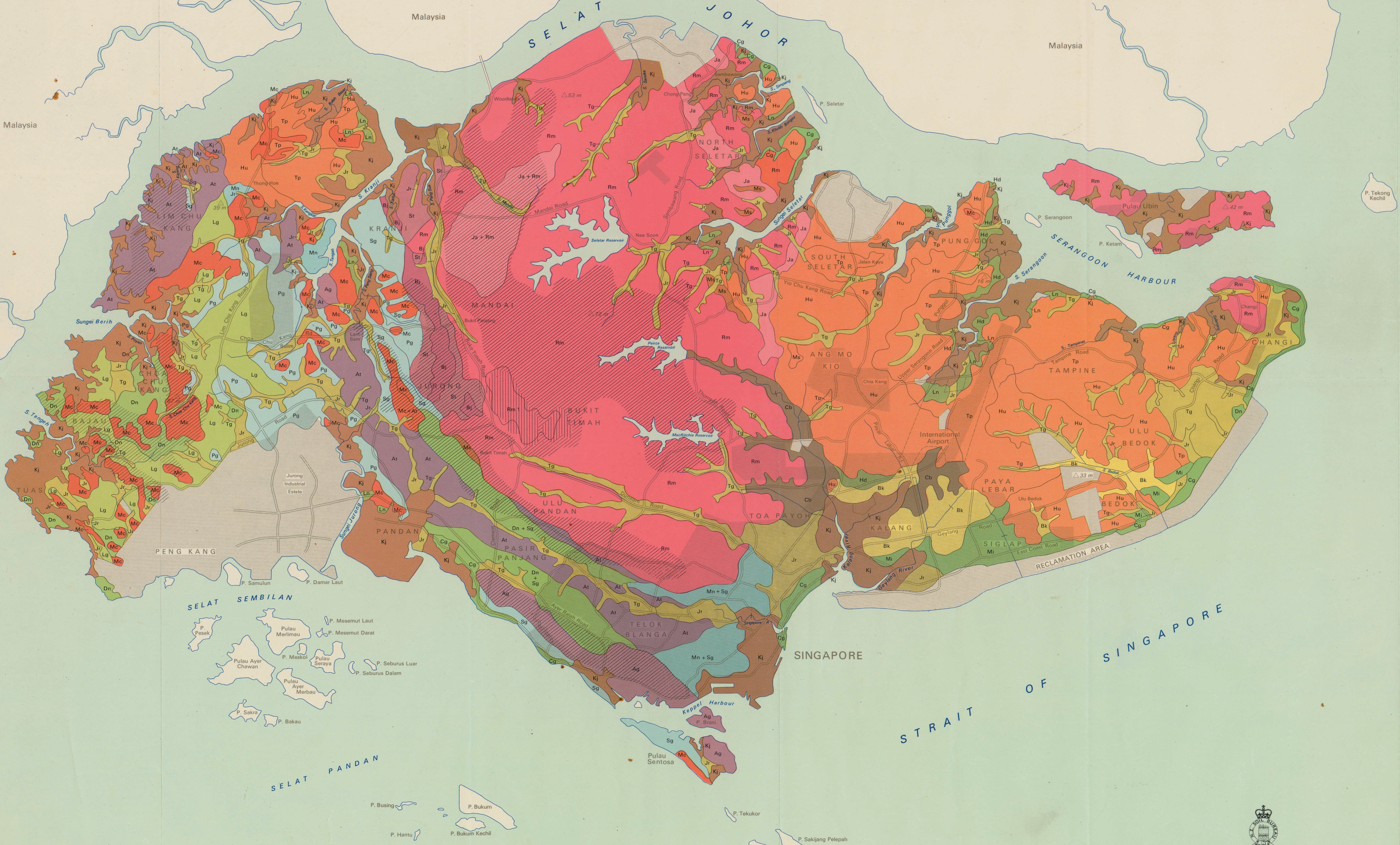 This 1977 map depicts the findings of the very first comprehensive soil survey of Singapore. It is still the only known officially commissioned soil map of Singapore to date. The island's central area is made of hard granite, indicated in pink. This natural feature has influenced much of the urban development on the island, with most of the construction work taking place outside this central zone made up of softer alluvium and sedimentary rocks. Survey Department, National Archives of Singapore Collection.