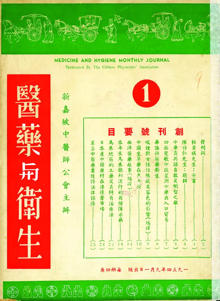 成立于1946年10月27日的中医药学术团体新加坡中医师公会在1954年至1955年期间，以普及中医药与卫生保健知识和宣扬中医药学术为宗旨，代表医刊为《医药与卫生》。《医药与卫生》在发刊词中这样写到：“……原子时代的医学已由个人治疗进到社会治疗；而技术使用亦由治疗医学进到预防医学。因此现代医师非仅要在医药知识技术上求深造，并须养成公共卫生服务的兴趣，藉以预防社会一切病害的发生。……本刊定名，便基于这个观点”, 点出定名考量及编辑方针。版权所有，《医药与卫生》(创刊号）(1954)。新加坡：新加坡中医师公会。(索书号：RCLOS SER610.951 MHMJ)