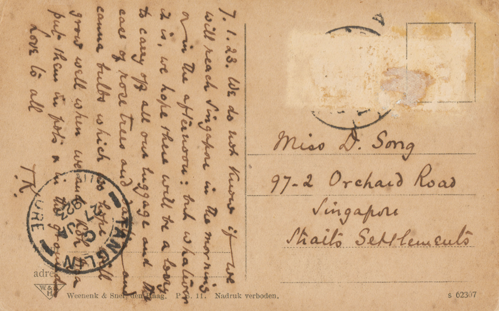 Dated 7 January 1923, this is the last postcard (with a view of Port Said’s Arabian Quarter) on the other (unshown) side sent by the Songs to Darling Song before their return to Singapore on 25 January 1923. After many months of travel in Europe and Britain, their luggage had increased significantly. During their stopover in Port Said in Egypt, they sent a reminder home to request for a lorry to pick up all their bags, many of which were likely bursting at the seams, when they disembarked in Singapore. Collection of the National Library, Singapore. (Accession no.: B29259940G).