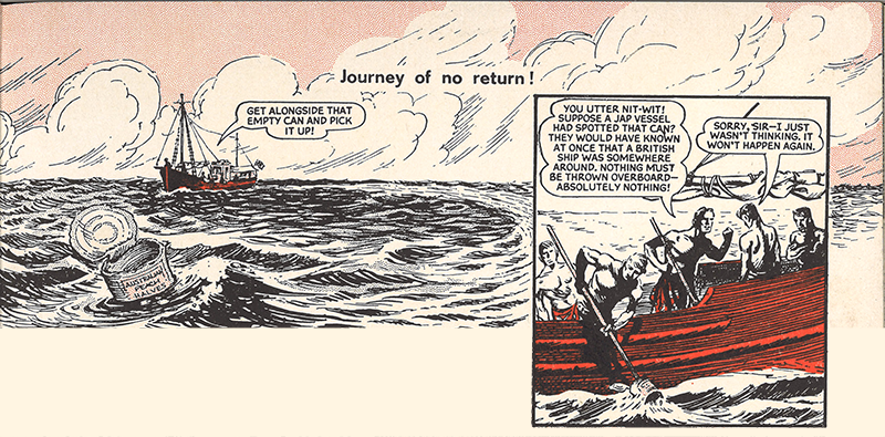 The men retrieving the can of peaches from the sea in case they are discovered by the Japanese. Image reproduced from The Victor Book for Boys: The Commandos at Singapore, p. 7.