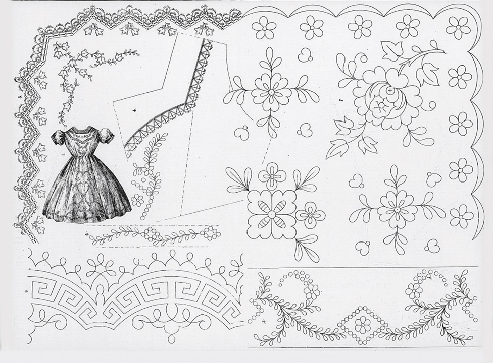 Figure 3: Embroidery designs from the Dutch magazine Gracieuse: Geïllustreerd Aglaja,1868, installment 3, p. 28. The floral motif at the top righthand corner is similar to the design found at the four corners of the embroidered square in figure 2. Collection of the Asian Civilisations Museum.