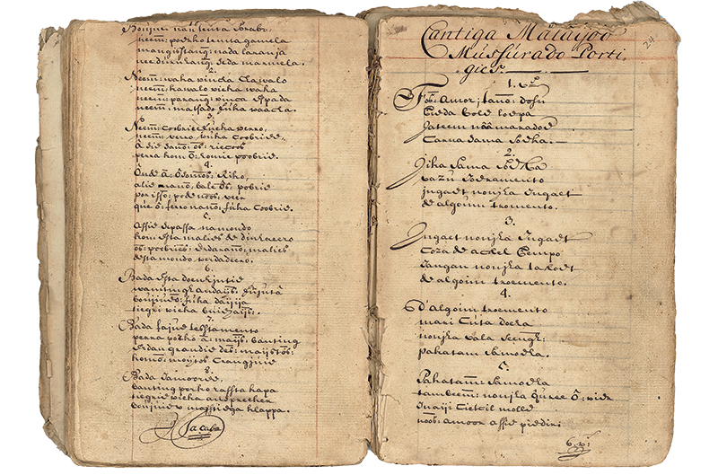 Cantiga Malaijoo Mussurado Portigies (Malay Song Mixed With Portuguese) contains 19 stanzas combining Malay and Portuguese Creole. Image reproduced from Panton Malaijoe dan Portugees. Courtesy of Museu Nacional de Arqueologia and Imprensa Nacional Casa da Moeda.