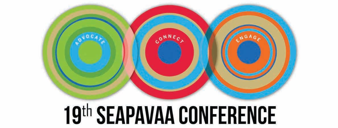 Three multicolored circles labeled Advocate, Connect, Engage above "19th SEAPAVAA Conference."