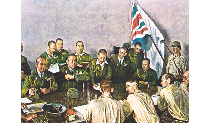 “The Meeting of General Yamashita and General Percival” (1942), an oil painting by Saburo Miyamoto. Image reproduced from Stanley Tan Tik Loong, Reflections & Memories of War Vol 1: Battle for Singapore: Fall of the Impregnable Fortress (Singapore: National Archives of Singapore, 2011), 294. (From National Library, Singapore, call no. RSING 940.5425957 TAN).