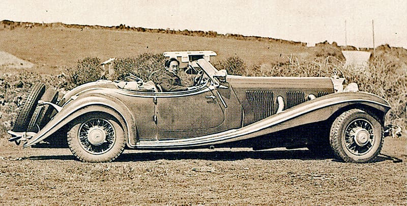 Loke Wan Tho in his Mercedes in Cambridge, 1936. Image reproduced from Lim Kay Tong, Cathay: 55 Years of Cinema (Singapore: Landmark Books, 1991), 11. (From National Library, Singapore, call no. RSING 791.43095957 LIM).