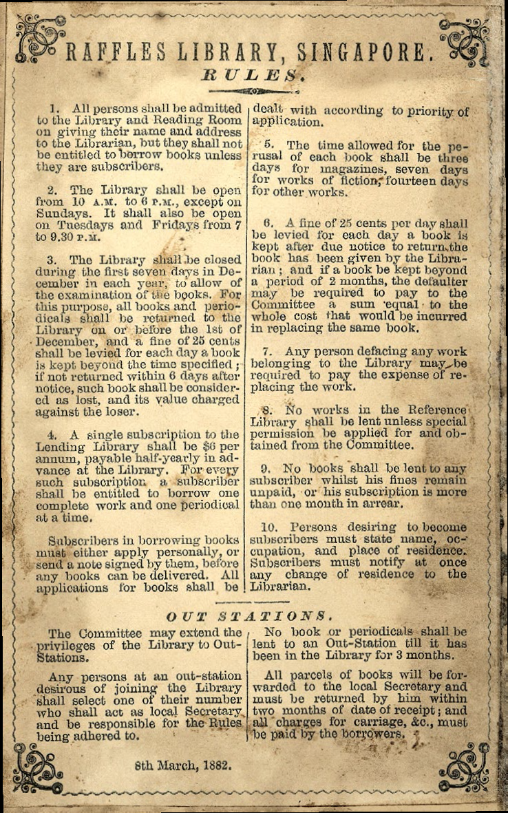 Rules of the Raffles Library, 8 March 1882. The National Library’s Rare Materials Collection.