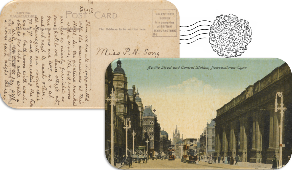 This postcard depicts Central Station on Neville Street in Newcastle upon Tyne in England. The cross on the picture marks the hotel where Mr and Mrs Song Ong Siang stayed for three nights. The postcard dated 14 July 1922 was addressed to Miss P. N. Song (Song Pian Neo), Song’s sister. In the postcard, Song expressed his disappointment at the standards of the (unnamed) hotel they stayed at. Collection of the National Library, Singapore. (Accession no.: B29259953K).