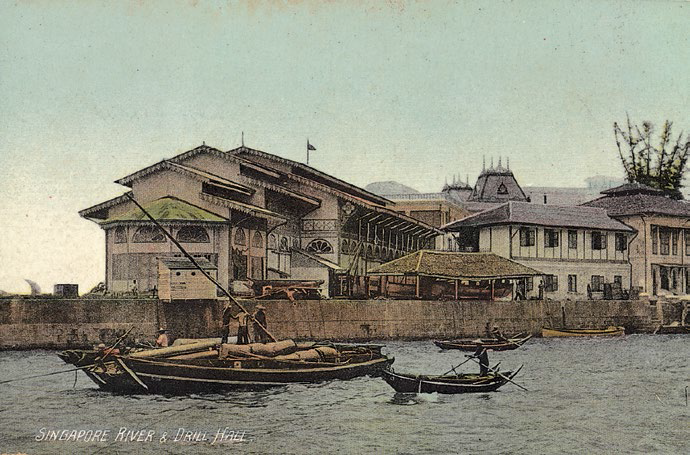 The original Drill Hall was a makeshift wood-and-corrugated iron structure erected at Fort Fullerton near the entrance of the Singapore River in 1891. This would be the temporary home of the Singapore Volunteer Corps for the next 15 years. Courtesy of Prof Cheah Jin Seng.