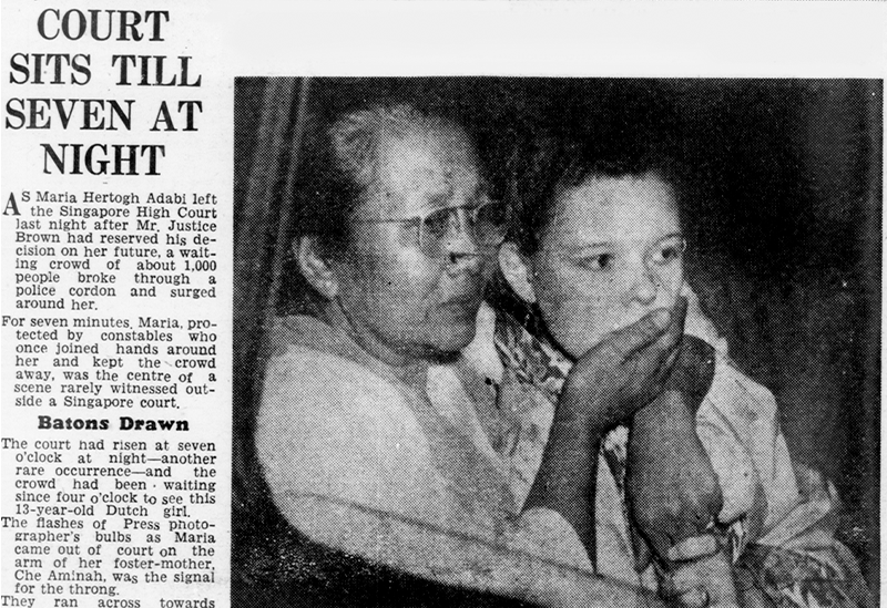 Maria Hertogh and her foster mother Che Aminah leaving the Singapore High Court on 24 November 1950. Justice Brown reserved judgement in the custody case. Source: The Straits Times, 25 November 1950, 1 © SPH Media Limited. Permission required for reproduction.