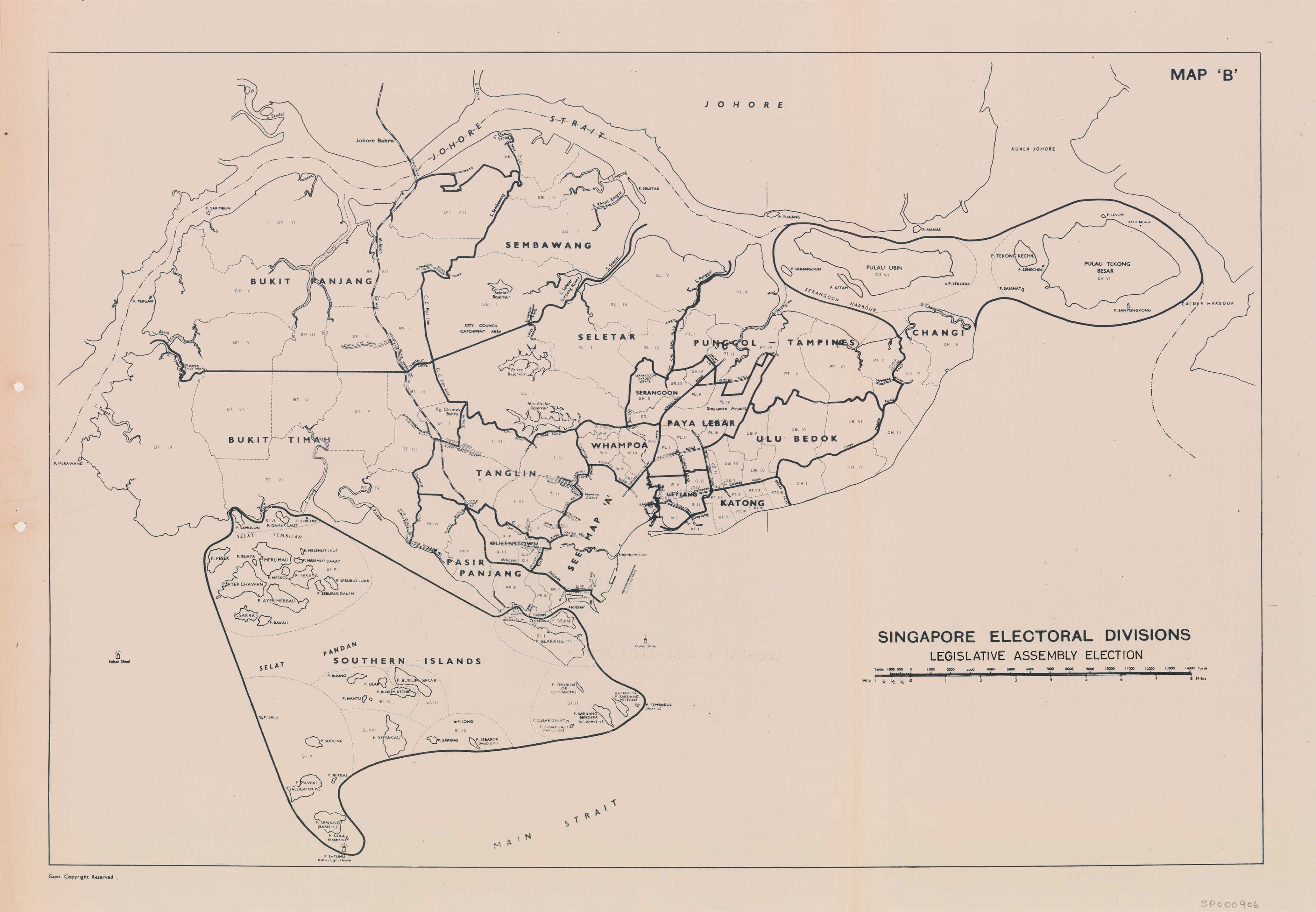 An electoral division map for the 1955 Legislative Assembly general election. This was a landmark event in Singapore's political history in which the majority of members in the governing Legislative Assembly would be elected rather than appointed by British colonial authorities. It set the stage for Singapore's achievement of self-government in 1959. Singapore Land Authority, courtesy of National Archives of Singapore. The National Archives of Singapore Map Collection can be viewed and accessed on its public database Archives Online: http://www.nas.gov.sg/archivesonline/maps_building_plans/