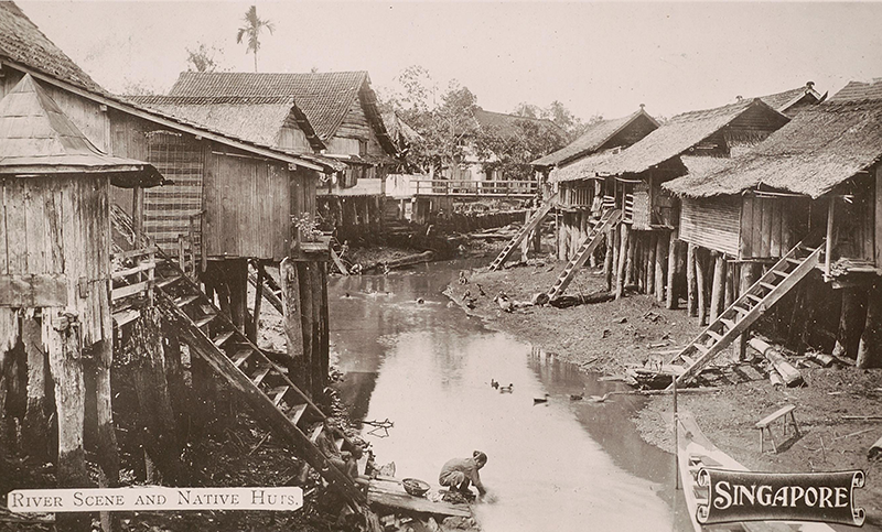 A kampong in Singapore, early 20th century. People used the same water source to clean themselves, do the laundry, wash vegetables and rear poultry. Collection of the National Museum of Singapore, National Heritage Board.