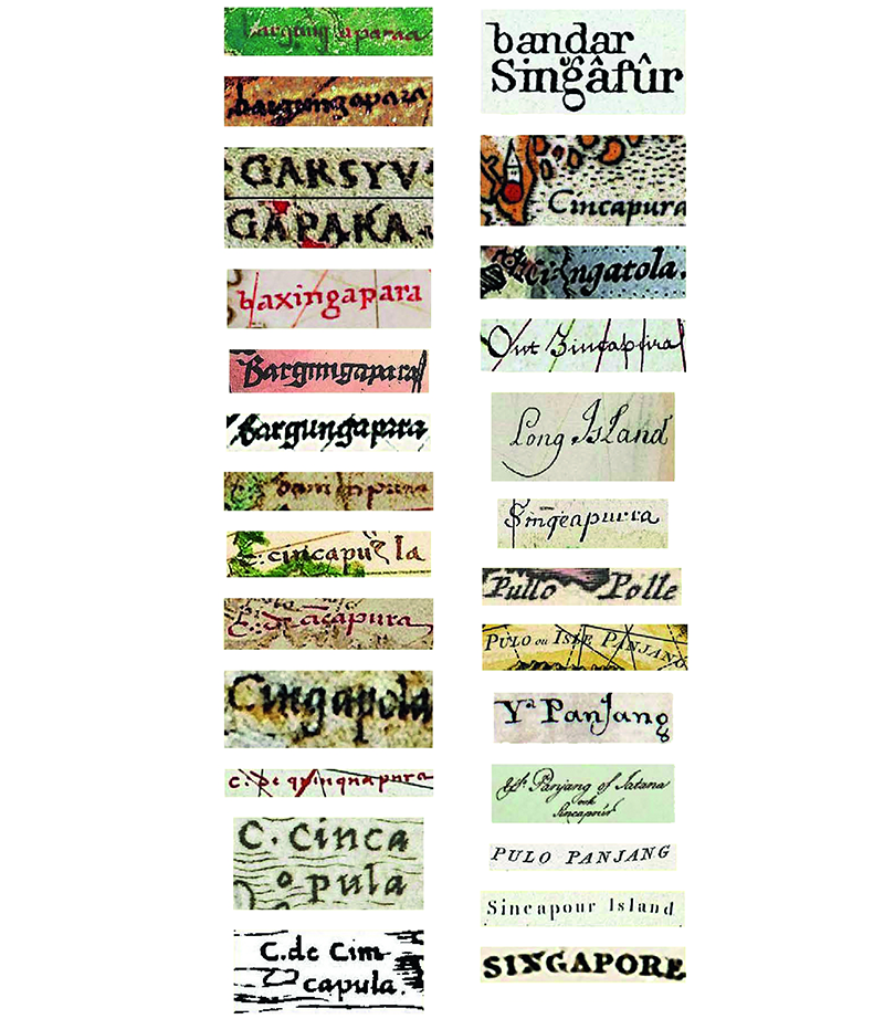 The confusion over Singapore’s identity in charts and maps is reflected in written texts. Over time, different names and locations were given for the island. It has been named for a settlement, a river, a sandbar, a bay, an island, a kingdom, two distinct maritime straits, a mountain ridge, a cape and even a larger hinterland. Graphic by Peter Borschberg. Image reproduced from Kwa Chong Guan, Derek Heng, Peter Borschberg and Tan Tai Yong, eds., Seven Hundred Years: A History of Singapore (Singapore: National Library Board; Singapore: Marshall Cavendish Editions, 2019), 163. (From National Library Singapore, call no. RSING 959.57 KWA).