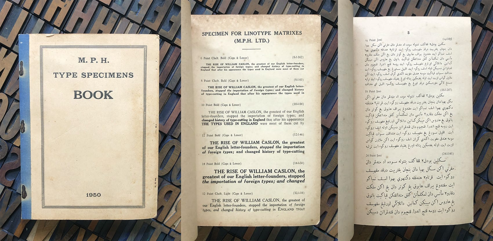 Three pages of a type specimen book from 1950; the first page is the cover.