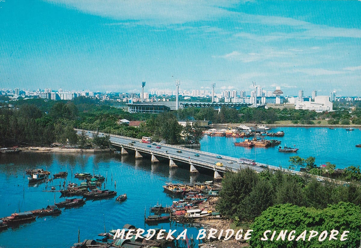Aerial view of Merdeka Bridge, mid-1970s. In the background on the right is the former National Stadium. Collection of the National Museum of Singapore, National Heritage Board.