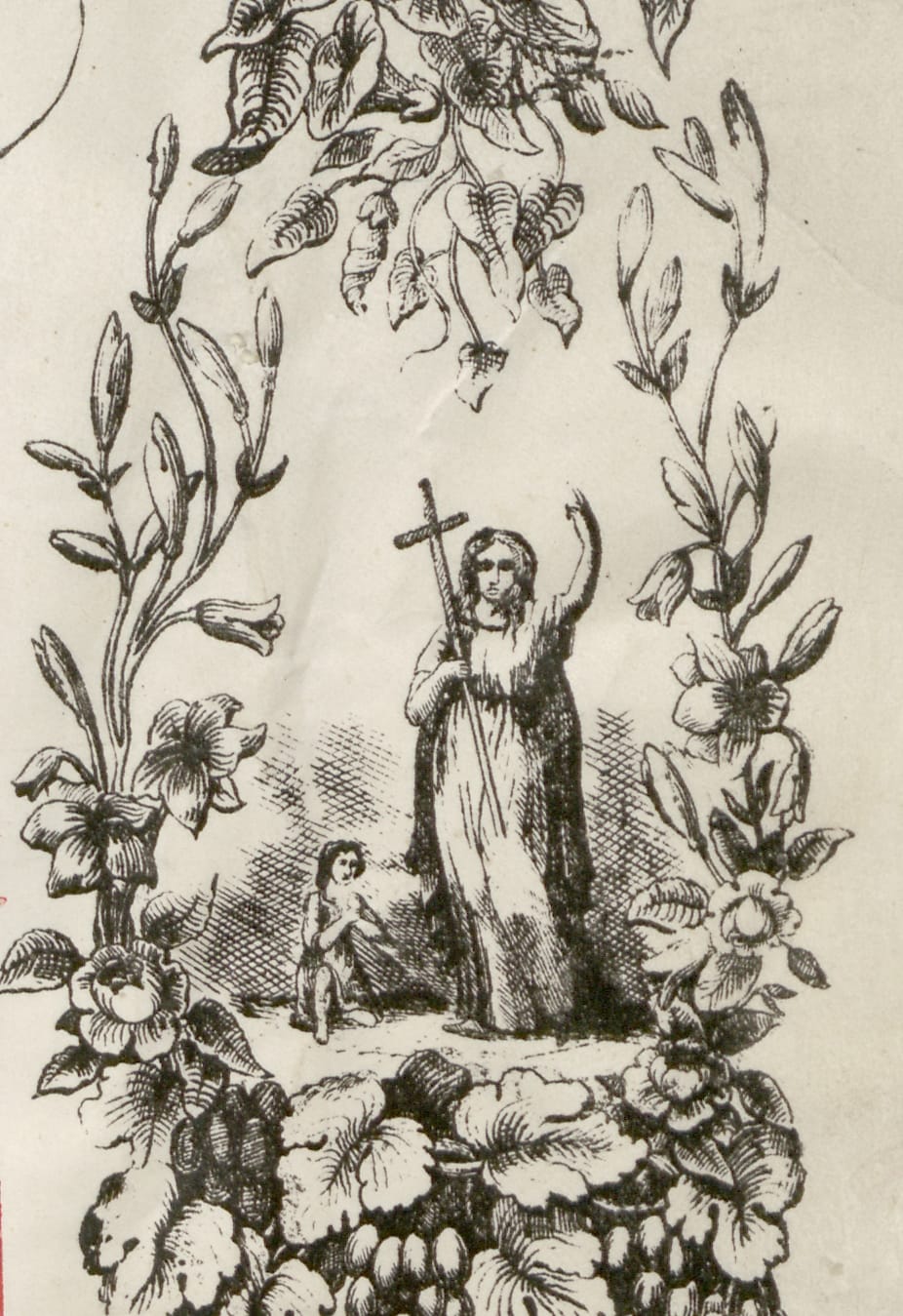 The image of faith in the right hand border is represented by a missionary holding a Christian cross and evangelising to a child kneeling in reverence and prayer. The image reflects the importance placed by the British monarchy on the patronage, defence and propagation of Christianity.