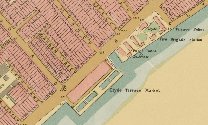 Map showing the public bathhouse at Clyde Terrace Market, 1893. Image reproduced from Survey Department, Singapore, Plan of Singapore Town Showing Topographical Detail and Municipal Numbers, map, 1893. (From National Archives of Singapore, accession number SP002988).