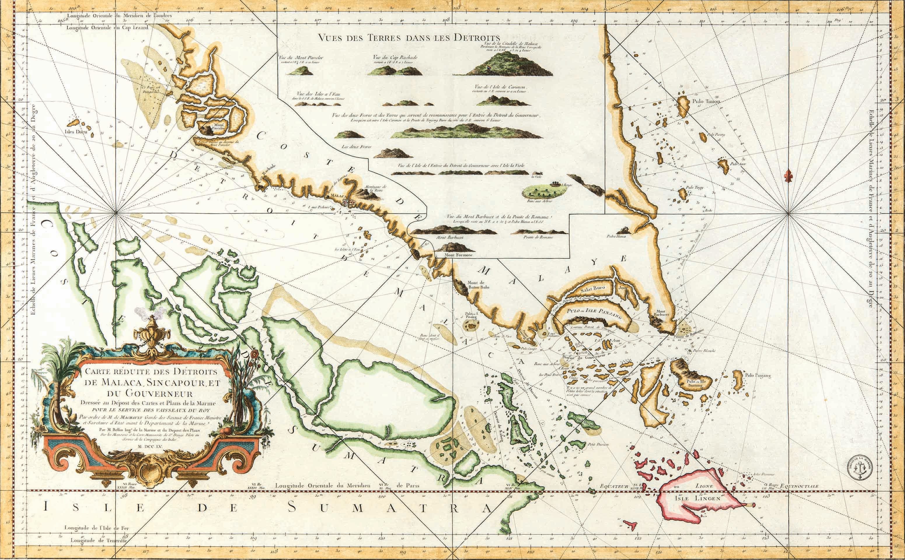 *Carte réduite des détroits de Malaca, Sincapour, et du Gouverneur dressée au dépost des cartes et plans de la marine*, Jacques Nicolas Bellin (Paris, 1755). 