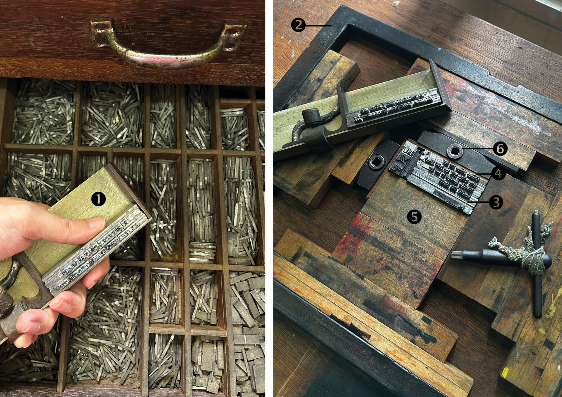 A drawer full of metal type pieces on the left and a typesetting frame with tools and type blocks on the right.