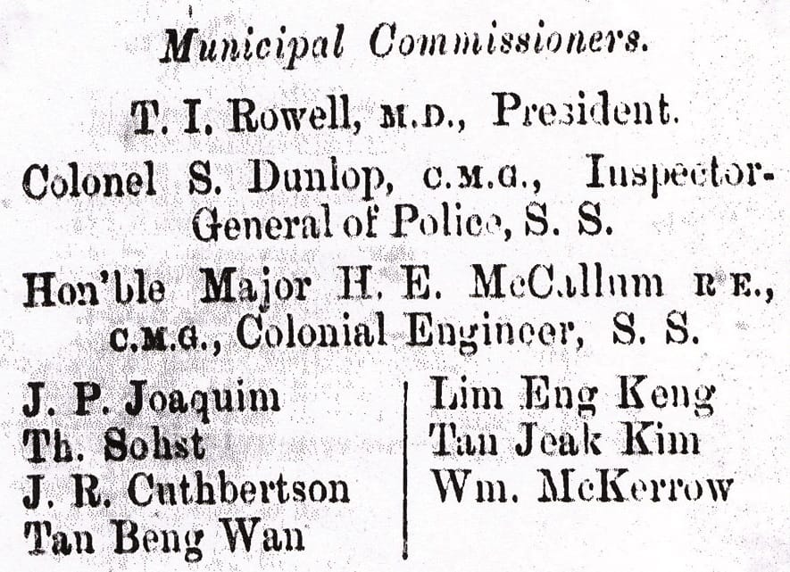 List of Municipal Commissioners includes T. I. Rowell, Colonel S. Dunlop, Major H. E. McCullum, and several others.