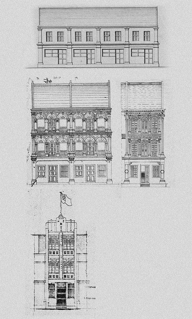 The front elevations of these four shophouses demonstrate how this type of building evolved between 1884 and 1940 (50/1884, 228/1896, 3749/1900, 93C/1940). The design in 1884 (top row) shows a simple two-storey building with minimal or no decorations on the facade. By the 1900s, these minimalist shophouses had evolved to become three-storey buildings with elaborate plasterwork, fanlights and pilasters (middle row). In the 1940s, shophouses were designed in the Art Deco style (bottom row). Building Control Division Collection, courtesy of National Archives of Singapore.