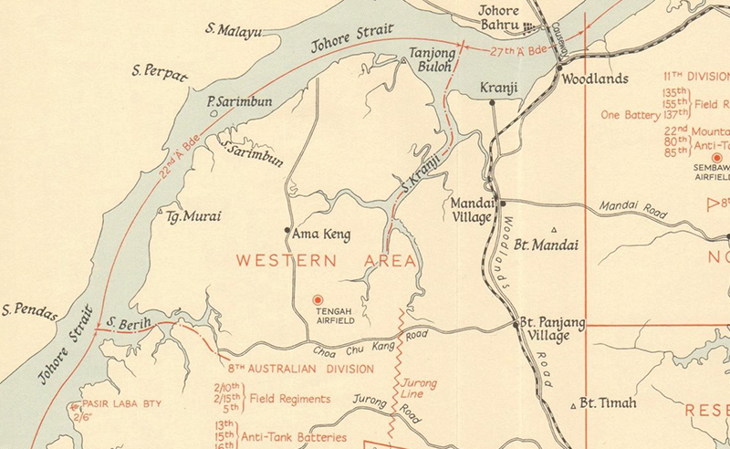 Detail from a 1942 map of Singapore showing positions of the 22nd and 27th Brigades of the 8th Australian Division. Image from Alamy Stock Photo.