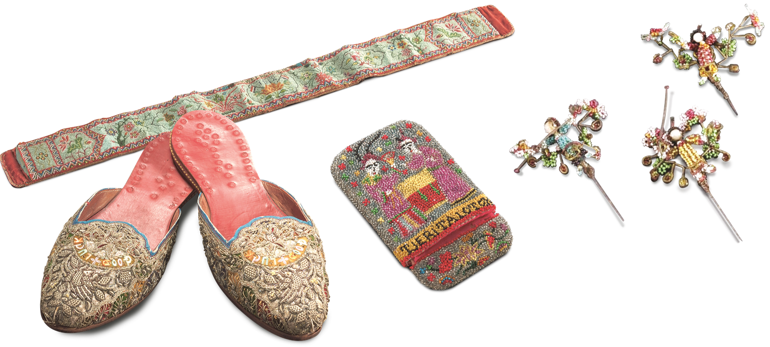 (Anti-clockwise from top) Figure 6: Belt with bead embroidery, West Sumatra, 1912. Pots of flowers – all Chinese auspicious symbols – are aligned across the belt and identify it as culturally Chinese in origin. Courtesy of the National Museum of Singapore, National Heritage Board.Figure 7: A pair of men’s slippers with silver and silk thread embroidery, Penang, early 20th century. The words “Good Luck” are embroidered amidst the floral decorations. Collection of the Asian Civilisations Museum.Figure 8: A beaded carrying case from West Sumatra, early 20th century. The text “TJERiTALOTON” on this side of the case refers to Cerita Luotong, or Luo Tong Sweeps the North, a Tang dynasty military adventure. Courtesy of the National Museum of Singapore, National Heritage Board.Figure 9: Three-dimensional figurines and flowers made of wire, glass beads and gold thread (from a set of 14 pieces) used to decorate a sweetmeat box for the altar table. From Batavia (Jakarta), late 19th century. Collection of the Peranakan Museum.