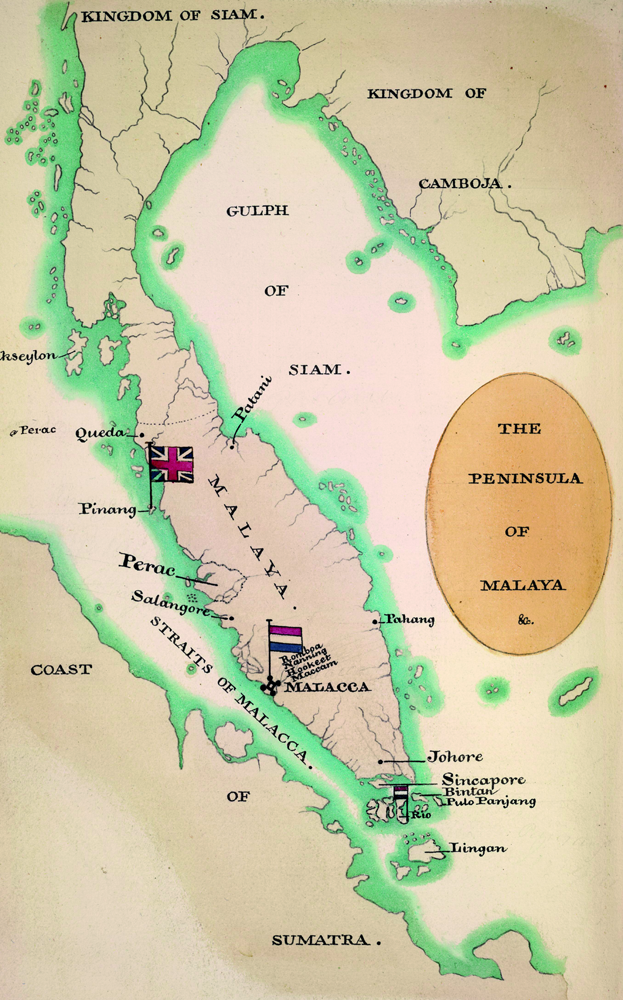 This map shows how the Malay Peninsula was divided between the British and the Dutch prior to the 1824 Anglo-Dutch Treaty. Malacca, which is flagged as Dutch, would eventually come under British rule upon the conclusion of the treaty. © The British Library Board (C11074002 IOR 1/2/1 Folio No. 345).