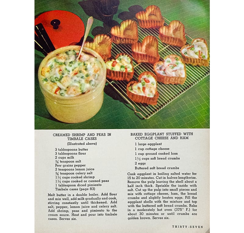 The recipe for “Creamed Shrimp and Peas in Timbale Cases” published in Sealtest Kitchen Recipes: World’s Fair Edition (1939). Image reproduced from Sealtest Inc., Sealtest Kitchen Recipes: World’s Fair Edition (New York: Sealtest Inc., 1939), 37. Courtesy of Christopher Tan.