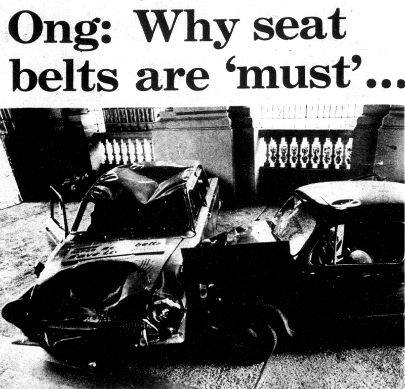 A staged “accident scene” greeting visitors at the Victoria Memorial Hall where the week-long Seat Belt Exhibition was held to inaugurate the first National Seat Belt Campaign in Singapore. Image reproduced from “Ong: Why Seat Belts Are ‘Must’...,” New Nation, 10 September 1977, 2. (From NewspaperSG).