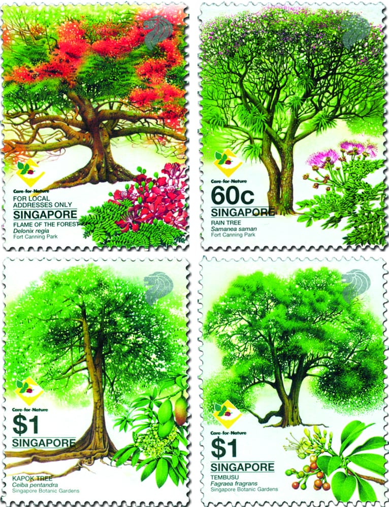 Issued on 26 September 2002, graphic artist Eng Siak Loy’s “Heritage Trees” series was rated the second most beautiful stamps in the world in 2003 by Paris-based Timbropresse Group, the publisher of philatelic magazine Timbres. The trees featured were Flame of The Forest (22 cents), Rain Tree (60 cents), Kapok ($1) and Tembusu ($1). Courtesy of Singapore Philatelic Museum.