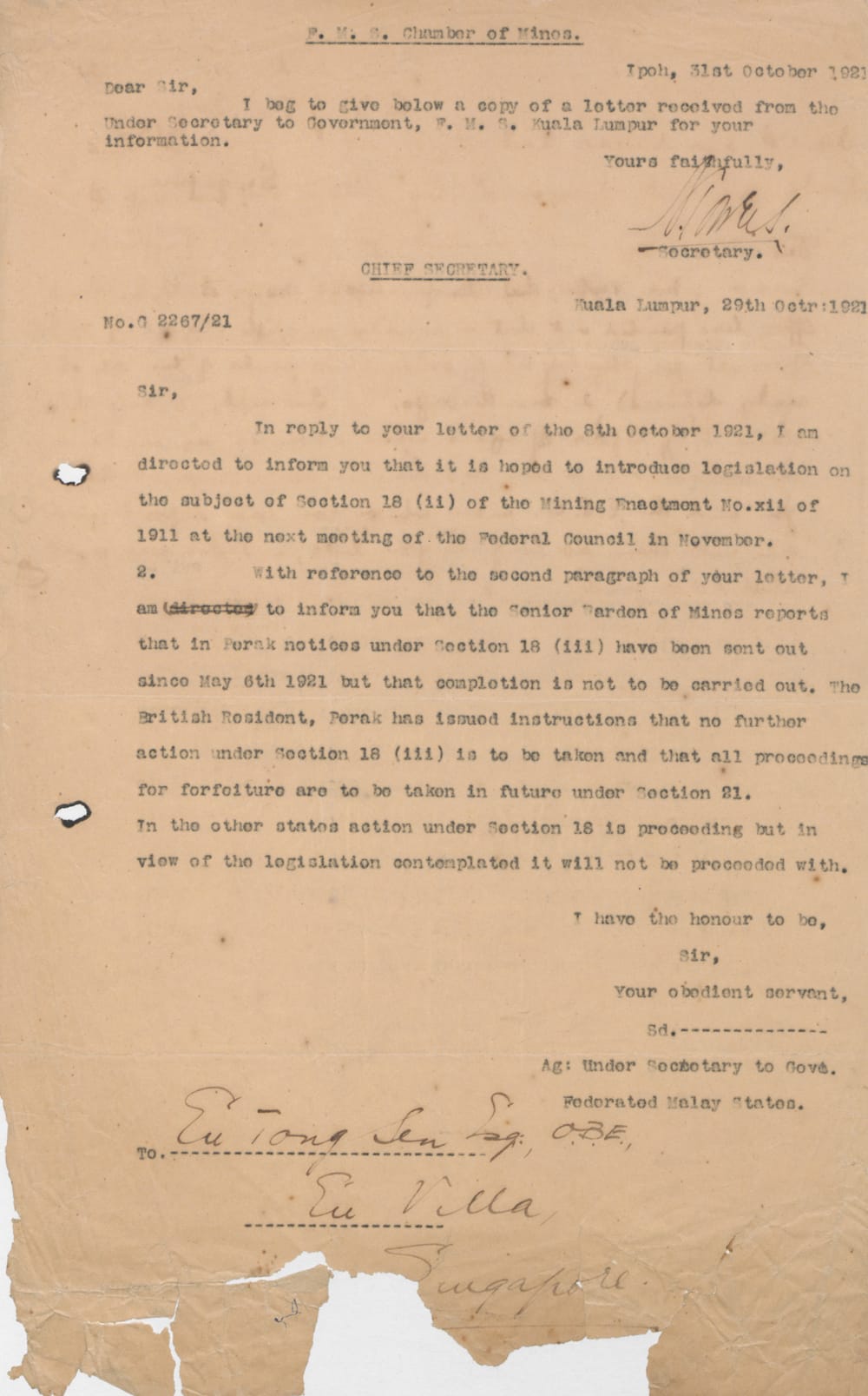 Typed letter from October 31, 1921, discussing mining legislation in the Federated Malay States.